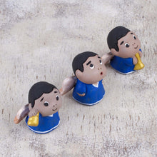 Load image into Gallery viewer, Petite Ceramic Angel Figurines in Blue Robes (Set of 3) - Little Angel Musicians | NOVICA
