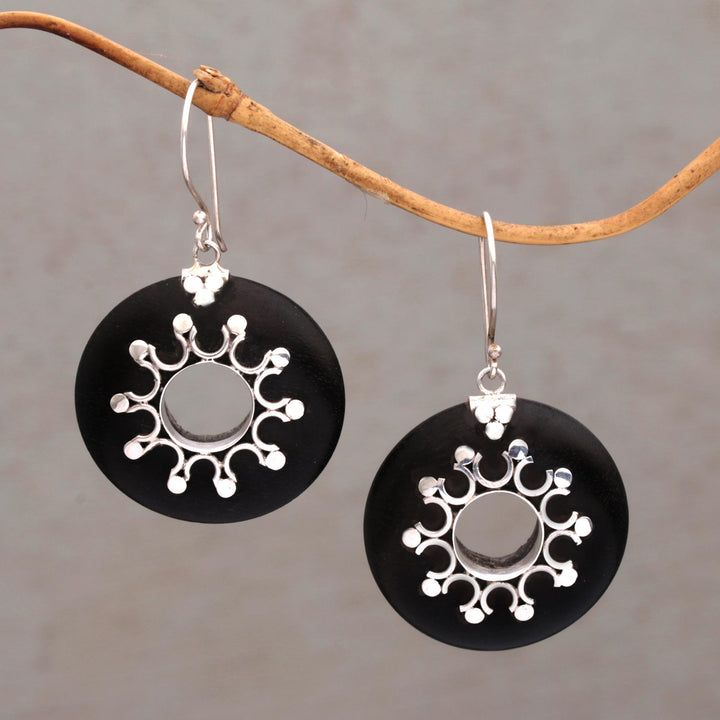 Sterling Silver and Sono Wood Circular Earrings from Bali - Eclipse the Sun | NOVICA
