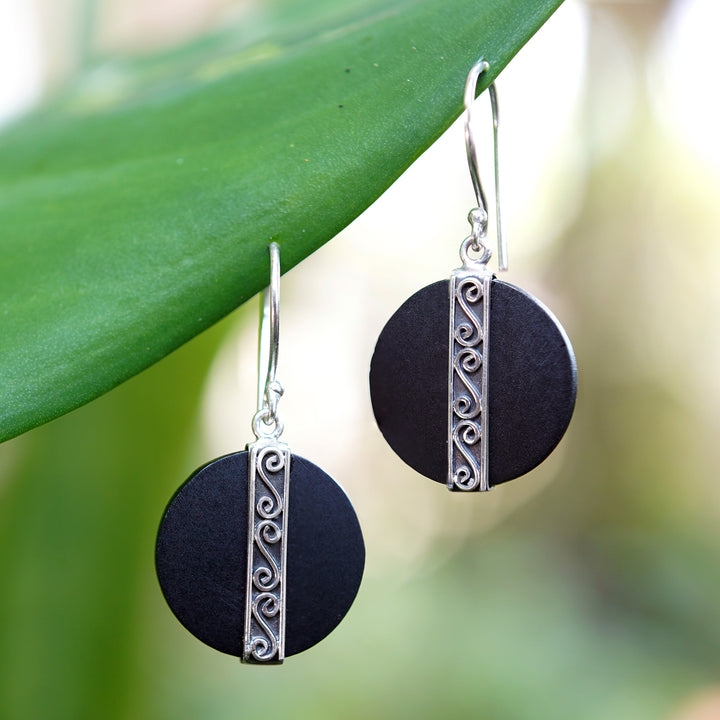 Sterling Silver and Lava Stone Spiral Motif Dangle Earrings - Gerhana Majesty | NOVICA