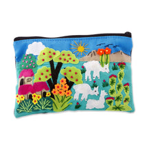 Load image into Gallery viewer, Patchwork Fair Trade Cosmetic Case with Peruvian Landscape - Blue Alpaca Afternoon | NOVICA
