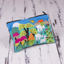 Load image into Gallery viewer, Patchwork Fair Trade Cosmetic Case with Peruvian Landscape - Blue Alpaca Afternoon | NOVICA
