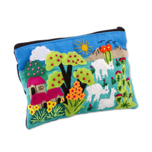 Load image into Gallery viewer, Patchwork Fair Trade Cosmetic Case with Peruvian Landscape - Blue Alpaca Afternoon | NOVICA
