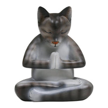 Load image into Gallery viewer, Wood Meditating Cat Sculpture in Grey and White from Bali - Meditating Kitty in Grey | NOVICA
