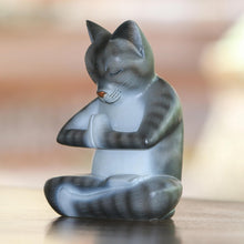 Load image into Gallery viewer, Wood Meditating Cat Sculpture in Grey and White from Bali - Meditating Kitty in Grey | NOVICA
