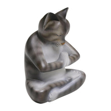 Load image into Gallery viewer, Wood Meditating Cat Sculpture in Grey and White from Bali - Meditating Kitty in Grey | NOVICA
