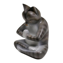 Load image into Gallery viewer, Wood Meditating Cat Sculpture in Grey and White from Bali - Meditating Kitty in Grey | NOVICA
