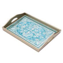 Load image into Gallery viewer, Reverse Painted Glass Tray in Blue and Silver from Peru - Floral Marvel in Silver | NOVICA

