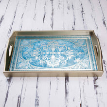 Load image into Gallery viewer, Reverse Painted Glass Tray in Blue and Silver from Peru - Floral Marvel in Silver | NOVICA
