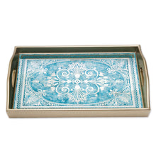 Load image into Gallery viewer, Reverse Painted Glass Tray in Blue and Silver from Peru - Floral Marvel in Silver | NOVICA

