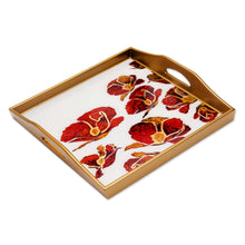 Load image into Gallery viewer, Reverse Painted Glass Tray with Poppy Motifs from Peru - Gleaming Poppies in White | NOVICA
