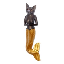 Load image into Gallery viewer, Mermaid Cat Wall Sculpture in Dark Grey and Gold from Bali - Mermaid Kitty in Dark Grey | NOVICA
