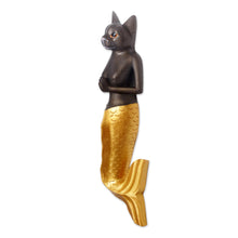 Load image into Gallery viewer, Mermaid Cat Wall Sculpture in Dark Grey and Gold from Bali - Mermaid Kitty in Dark Grey | NOVICA

