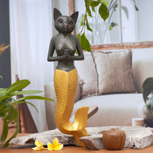 Load image into Gallery viewer, Mermaid Cat Wall Sculpture in Dark Grey and Gold from Bali - Mermaid Kitty in Dark Grey | NOVICA
