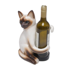 Load image into Gallery viewer, Handcrafted Wood Siamese Cat Wine Holder from Bali - Siamese Cat Hug | NOVICA
