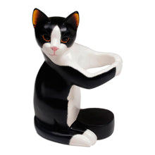 Load image into Gallery viewer, Hand Carved Black and White Cat Figurine Wine Holder - Kitty Clasp | NOVICA
