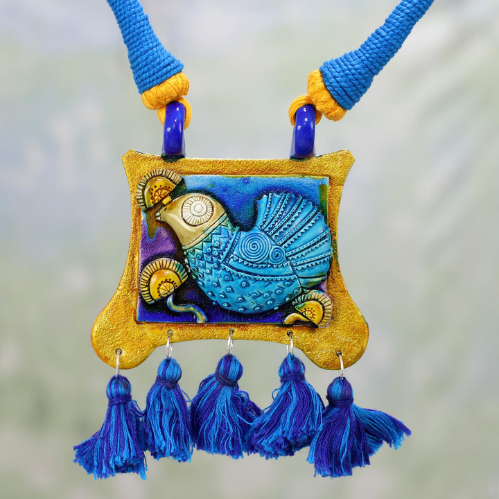 Ceramic and Cotton Bird Pendant Necklace in Blue from India - Majestic Kingfisher | NOVICA