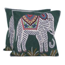 Load image into Gallery viewer, Pair of Embroidered Green and White Elephant Cushion Covers - Floral Elephants | NOVICA
