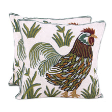 Load image into Gallery viewer, Two Embroidered Cushion Covers with Roosters from India - Rooster Crow | NOVICA
