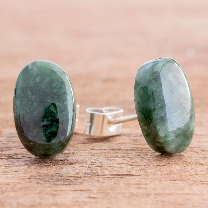 Dark Green Jade Oval Button Earrings from Guatemala - Oval Simplicity in Dark Green | NOVICA
