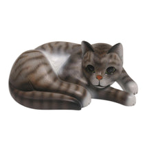Load image into Gallery viewer, Painted Suar Wood Sculpture of a Lounging Cat from Bali - Adorable Grey Cat | NOVICA

