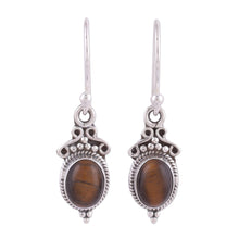 Load image into Gallery viewer, Tiger&#39;s Eye and Sterling Silver Dangle Earrings from India - Sleek Charm | NOVICA
