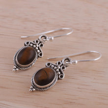 Load image into Gallery viewer, Tiger&#39;s Eye and Sterling Silver Dangle Earrings from India - Sleek Charm | NOVICA
