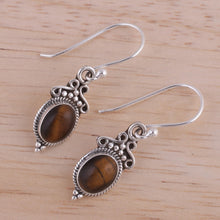 Load image into Gallery viewer, Tiger&#39;s Eye and Sterling Silver Dangle Earrings from India - Sleek Charm | NOVICA
