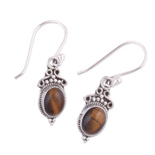 Load image into Gallery viewer, Tiger&#39;s Eye and Sterling Silver Dangle Earrings from India - Sleek Charm | NOVICA
