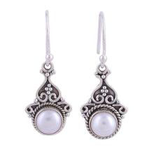 Load image into Gallery viewer, Cultured Pearl Sterling Silver Dangle Earrings from India - Crowned Charm | NOVICA
