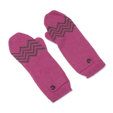 Load image into Gallery viewer, Alpaca Blend Mittens in Rose and Lead Grey from Peru - Zigzag Warmth in Lead Grey | NOVICA
