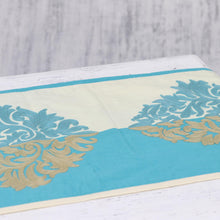 Load image into Gallery viewer, Cotton Blend Turquoise Beige Leaf Embroidered Table Runner - Majestic Fusion | NOVICA
