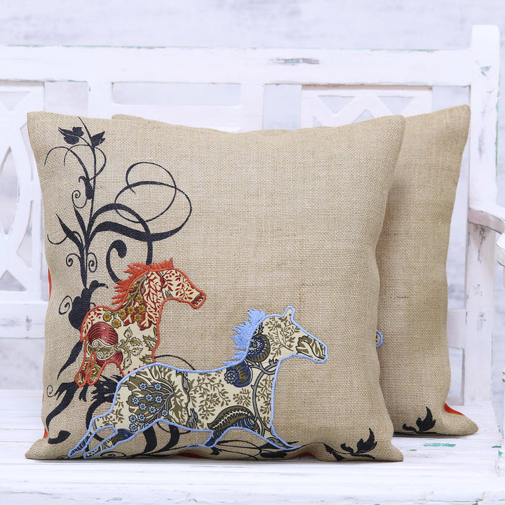 Two Jute Cushion Covers with Floral Horse Motif from India - Twin Horses | NOVICA