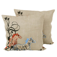 Load image into Gallery viewer, Two Jute Cushion Covers with Floral Horse Motif from India - Twin Horses | NOVICA
