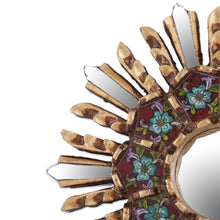 Load image into Gallery viewer, Small Round Reverse Painted Glass and Wood Mirror - Cuzco Garden | NOVICA
