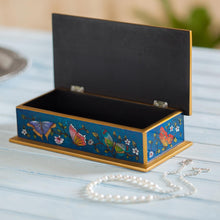 Load image into Gallery viewer, Reverse Painted Glass Butterfly Decorative Box in Cyan - Butterfly Jubilee in Cyan | NOVICA
