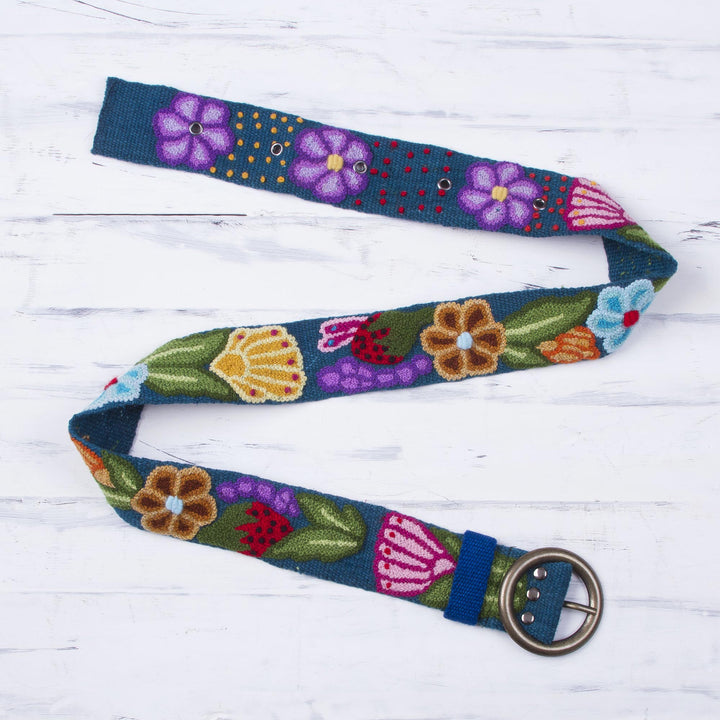 Embroidered Floral Wool Belt in Teal from Peru - Garden Fashion in Teal | NOVICA