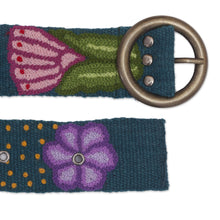 Load image into Gallery viewer, Embroidered Floral Wool Belt in Teal from Peru - Garden Fashion in Teal | NOVICA
