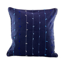 Load image into Gallery viewer, 100% Cotton Dark Blue Cushion Cover with Gray and Blue Lines - Thoughts on Blue | NOVICA
