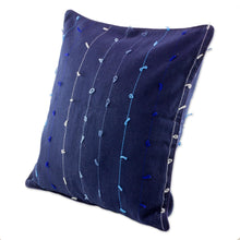 Load image into Gallery viewer, 100% Cotton Dark Blue Cushion Cover with Gray and Blue Lines - Thoughts on Blue | NOVICA
