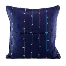 Load image into Gallery viewer, 100% Cotton Dark Blue Cushion Cover with Gray and Blue Lines - Thoughts on Blue | NOVICA
