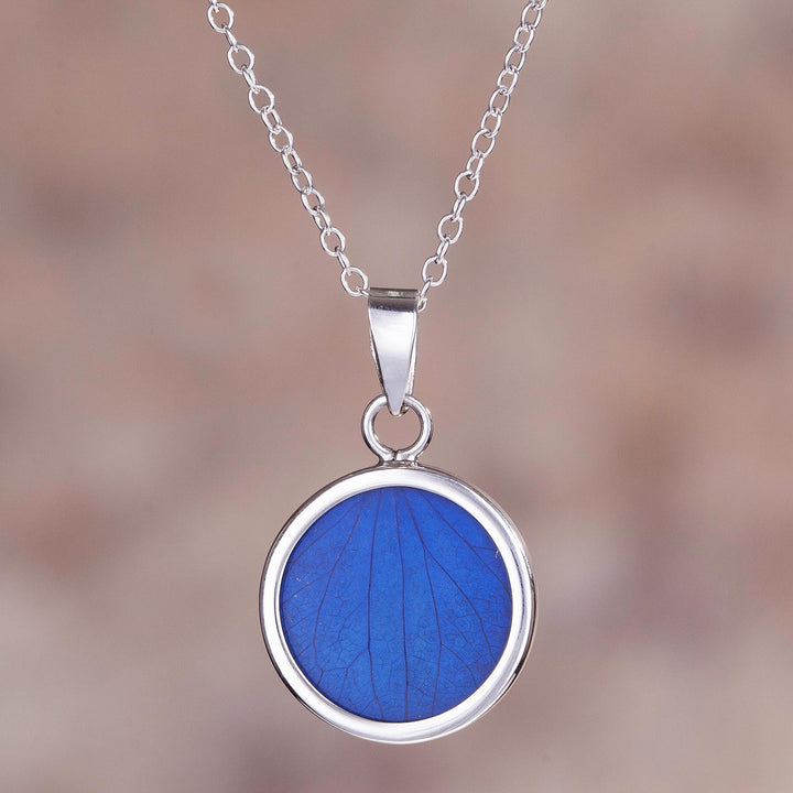 Sterling Silver and Natural Leaf Necklace in Blue from Peru - Blue Eden | NOVICA