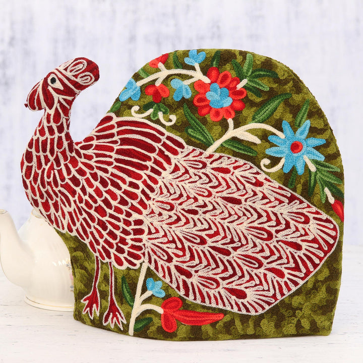 Peacock-Shaped Aari Embroidered Wool Tea Cozy from India - Peacock Strut | NOVICA