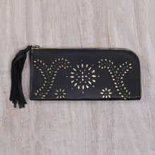 Load image into Gallery viewer, Black and Gold Wallet Clutch Combo Handmade in Bali - Prambanan Fireworks in Black | NOVICA
