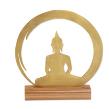 Load image into Gallery viewer, Brass and Teak Wood Silhouette Sculpture of Buddha - Sitting Buddha Dome | NOVICA
