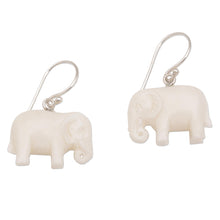 Load image into Gallery viewer, Sleek Cow Bone Carved Elephant Earrings with Silver Hooks - White Elephant | NOVICA
