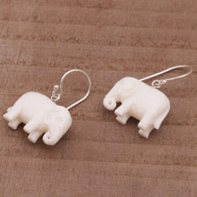 Load image into Gallery viewer, Sleek Cow Bone Carved Elephant Earrings with Silver Hooks - White Elephant | NOVICA
