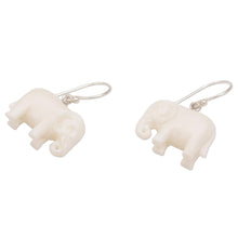 Load image into Gallery viewer, Sleek Cow Bone Carved Elephant Earrings with Silver Hooks - White Elephant | NOVICA
