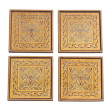 Load image into Gallery viewer, Four Floral Gold-Tone Reverse Painted Glass Coasters - Colonial Gold | NOVICA
