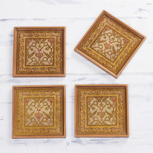 Load image into Gallery viewer, Four Floral Gold-Tone Reverse Painted Glass Coasters - Colonial Gold | NOVICA
