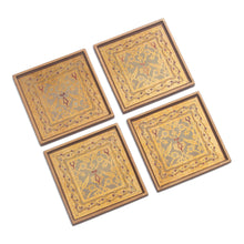 Load image into Gallery viewer, Four Floral Gold-Tone Reverse Painted Glass Coasters - Colonial Gold | NOVICA
